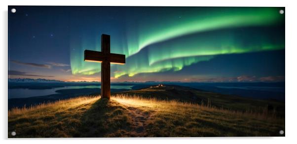 Cross on the hill and a suggestive Northern Lights. Acrylic by Guido Parmiggiani