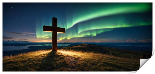 Cross on the hill and a suggestive Northern Lights. Print by Guido Parmiggiani
