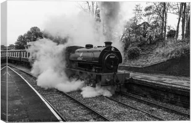 Stean train now leaving Llangollen Station in monochrome Canvas Print by Clive Wells