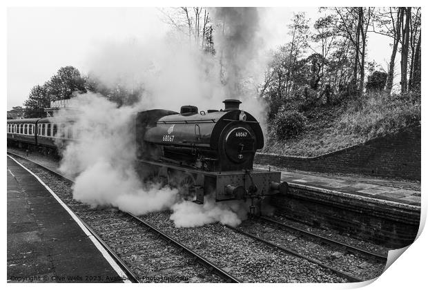 Stean train now leaving Llangollen Station in monochrome Print by Clive Wells
