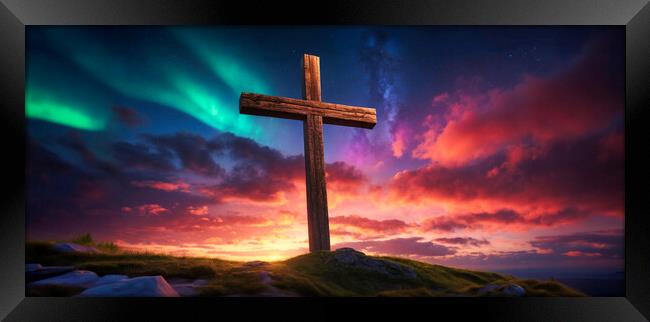 wooden religious cross on the hill with beautiful northern lights and sunset Framed Print by Guido Parmiggiani