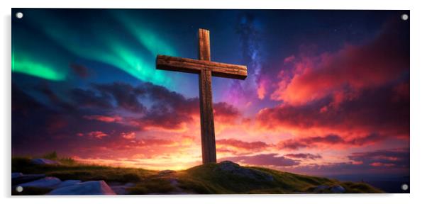 wooden religious cross on the hill with beautiful northern lights and sunset Acrylic by Guido Parmiggiani