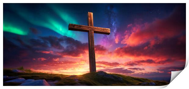 wooden religious cross on the hill with beautiful northern lights and sunset Print by Guido Parmiggiani