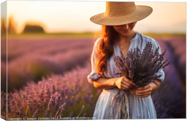 Young gardener woman picks lavender at sunset in a bucolic country scene. Canvas Print by Joaquin Corbalan