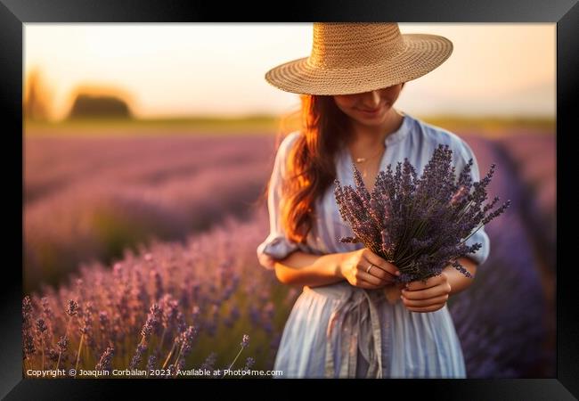 Young gardener woman picks lavender at sunset in a bucolic country scene. Framed Print by Joaquin Corbalan