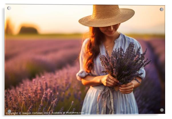 Young gardener woman picks lavender at sunset in a bucolic country scene. Acrylic by Joaquin Corbalan
