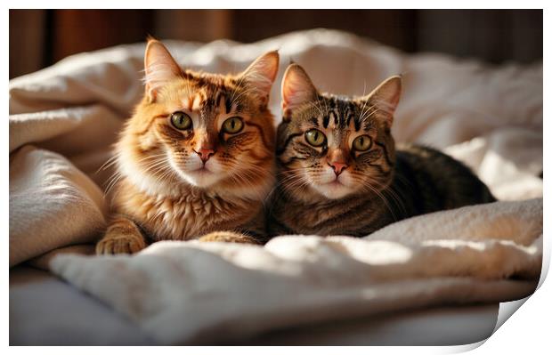 Two cute cats wrapped in a blanket on the bed Print by Guido Parmiggiani