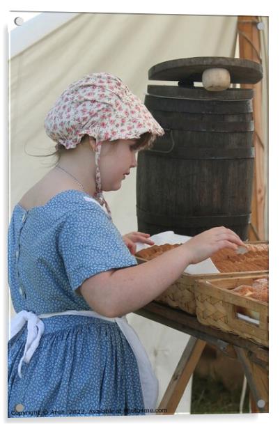 Woman baking bread, Civil War Reenactment; girl at counter Acrylic by Arun 