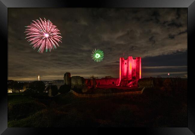 Conisbrough Castle fireworks Framed Print by J Biggadike