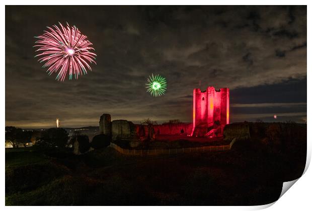 Conisbrough Castle fireworks Print by J Biggadike