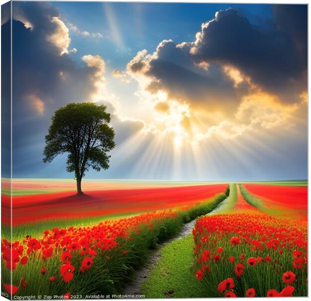 The lonely Tree amongst the Poppies  Canvas Print by Zap Photos