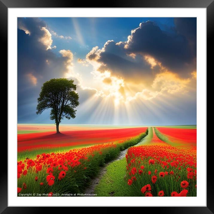 The lonely Tree amongst the Poppies  Framed Mounted Print by Zap Photos