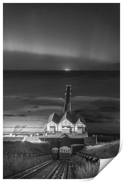 Aurora Borealis over Saltburn pier in Black and white Print by Kevin Winter