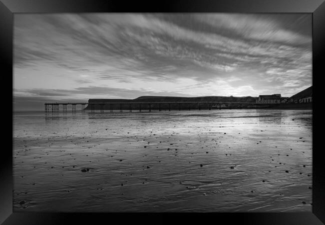 sunrise over Saltburn beach in Black and white Framed Print by Kevin Winter