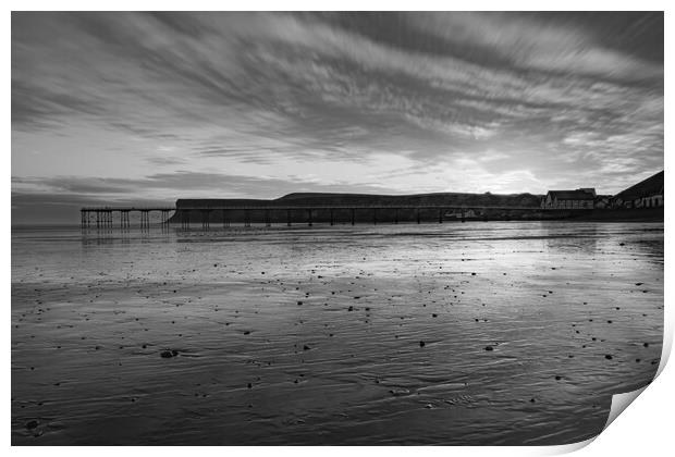sunrise over Saltburn beach in Black and white Print by Kevin Winter