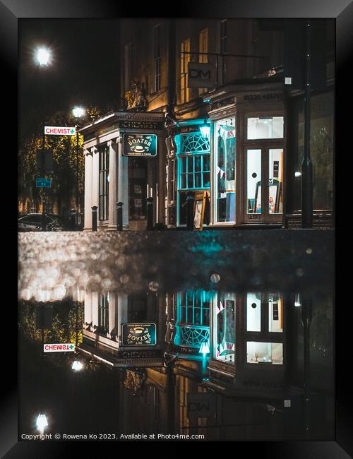 Puddle reflection of the lightened up Argyle Street in early rainy morning Bath Framed Print by Rowena Ko