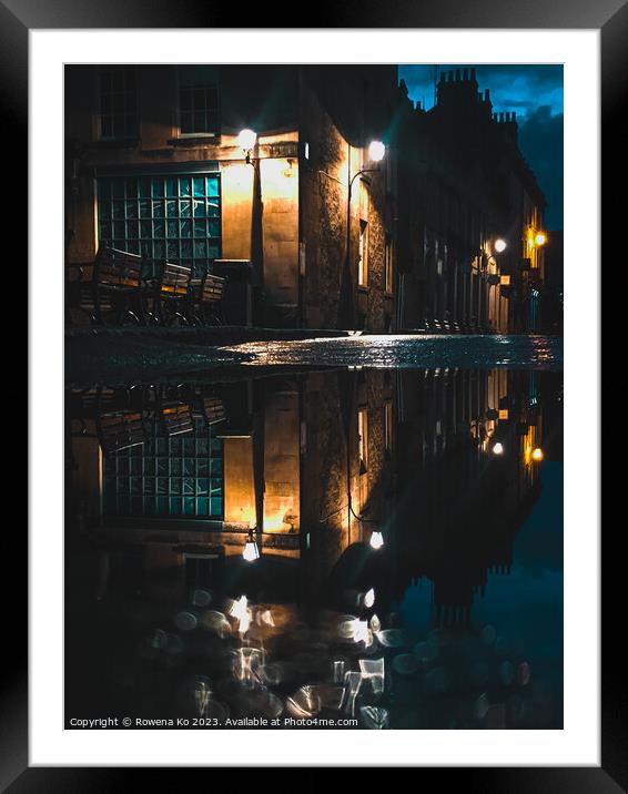 Puddle reflection of the lightened up York Street in early rainy morning Bath Framed Mounted Print by Rowena Ko
