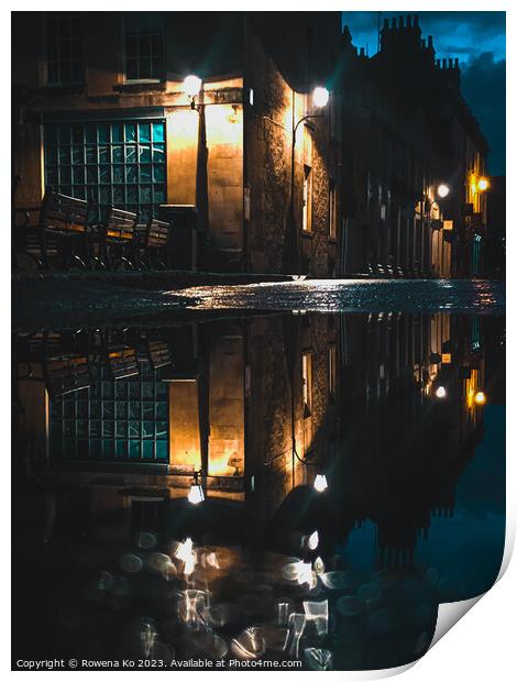 Puddle reflection of the lightened up York Street in early rainy morning Bath Print by Rowena Ko