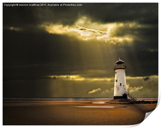 talacre lighthouse with sunbeams Print by meirion matthias