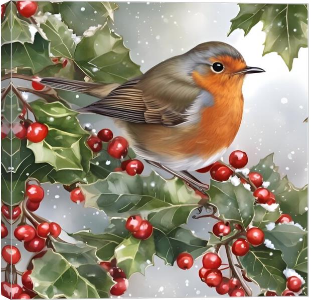 Robin on a holly branch in winter Canvas Print by Scott Anderson