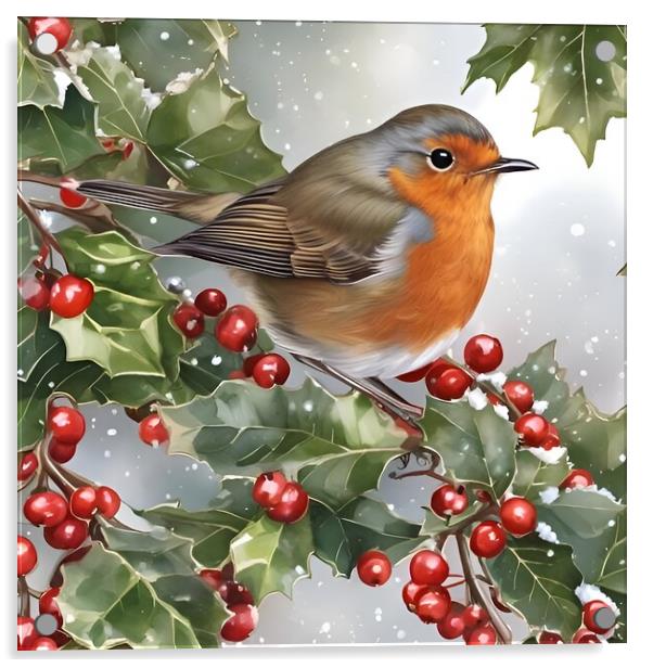 Robin on a holly branch in winter Acrylic by Scott Anderson