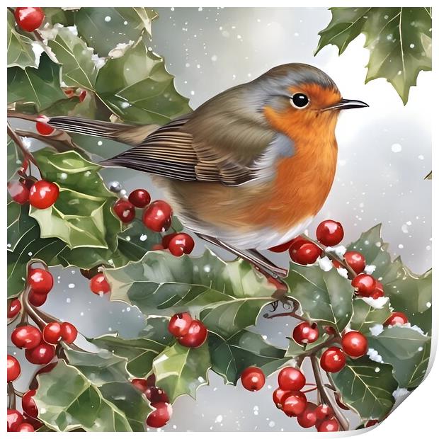Robin on a holly branch in winter Print by Scott Anderson