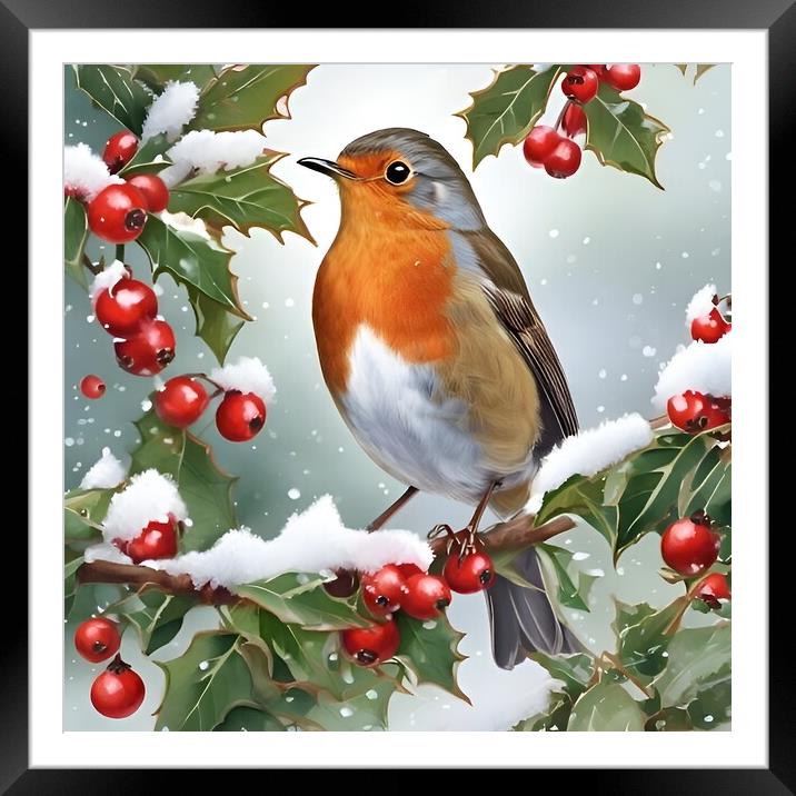 Robin on holly branch Framed Mounted Print by Scott Anderson