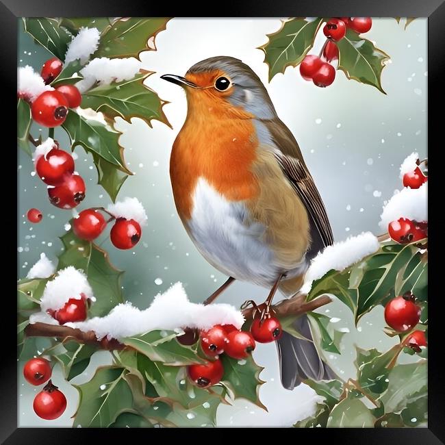 Robin on holly branch Framed Print by Scott Anderson