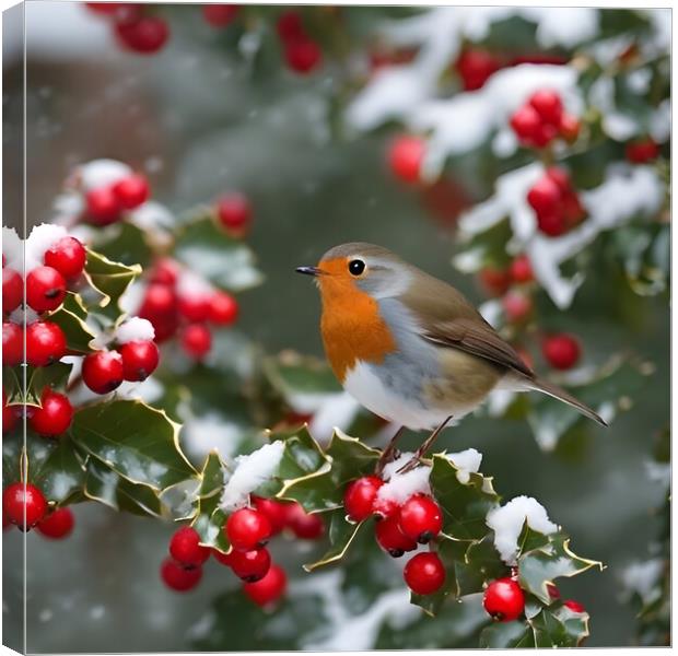 Robin in winter on a holly tree Canvas Print by Scott Anderson