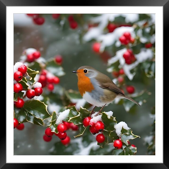 Robin in winter on a holly tree Framed Mounted Print by Scott Anderson