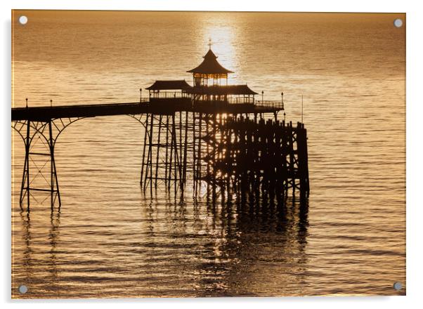 Clevedon Pier at sunset with a calm and tranquil sea Acrylic by Rory Hailes