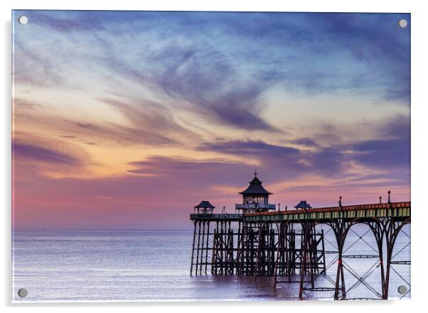 Clevedon Pier at sunset with a colourful sky and cirrus clouds catching the last of the sunlight Acrylic by Rory Hailes
