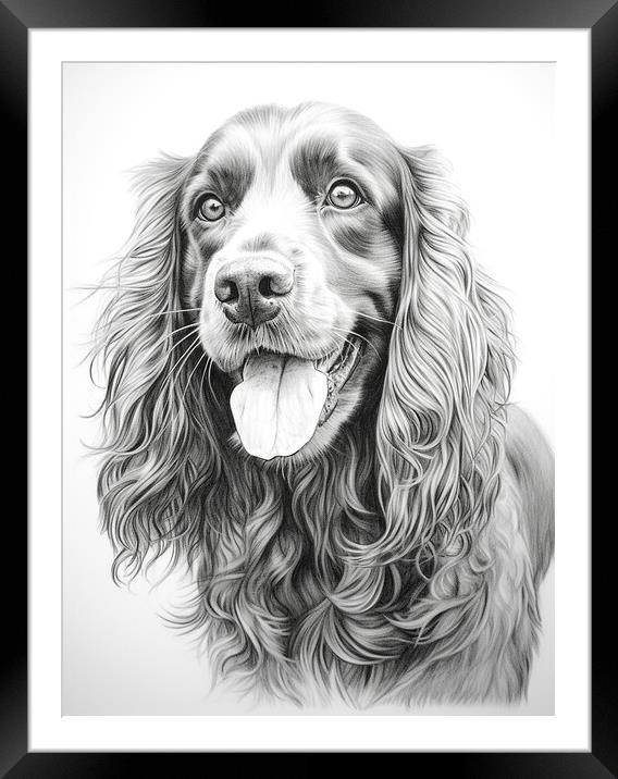 French Spaniel Pencil Drawing Framed Mounted Print by K9 Art