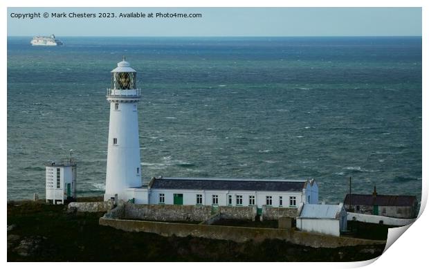 South Stack lighthouse  and ferry Print by Mark Chesters