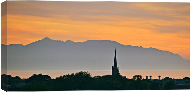 Arran mountains and Ayr at sunset Canvas Print by Allan Durward Photography