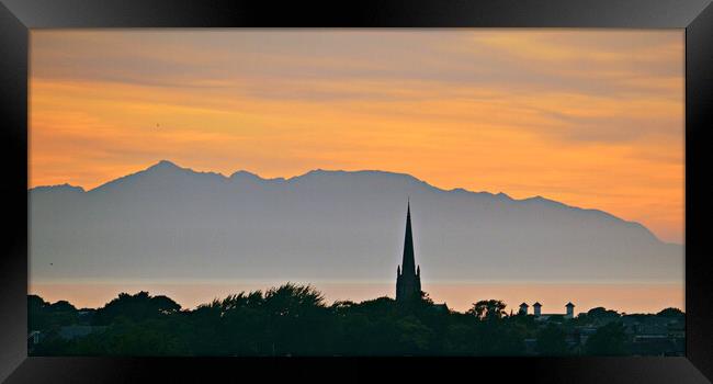 Arran mountains and Ayr at sunset Framed Print by Allan Durward Photography