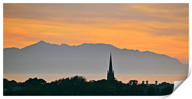 Arran mountains and Ayr at sunset Print by Allan Durward Photography
