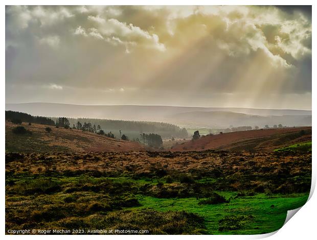 Autumn rays over Dartmoor. Print by Roger Mechan