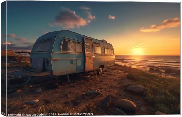 An old caravan parked next to the beach, permanent Canvas Print by Joaquin Corbalan