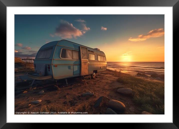 An old caravan parked next to the beach, permanent Framed Mounted Print by Joaquin Corbalan