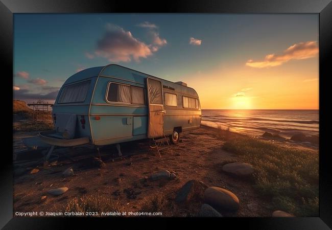 An old caravan parked next to the beach, permanent Framed Print by Joaquin Corbalan
