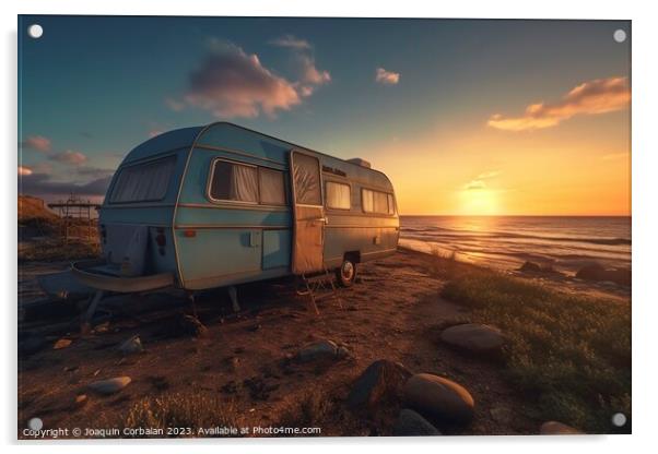 An old caravan parked next to the beach, permanent Acrylic by Joaquin Corbalan