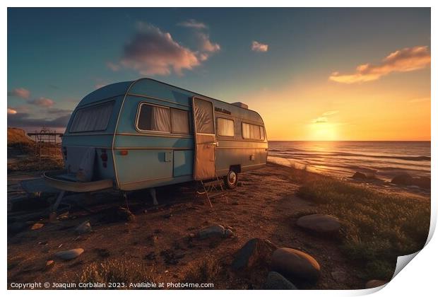 An old caravan parked next to the beach, permanent Print by Joaquin Corbalan