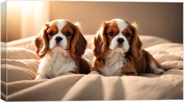 Two adorable Cavalier King dog puppies Canvas Print by Guido Parmiggiani