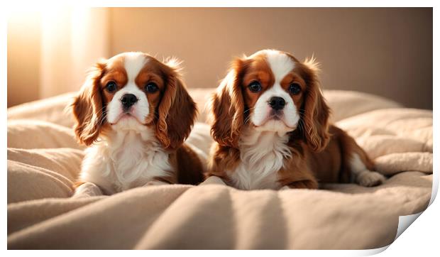 Two adorable Cavalier King dog puppies Print by Guido Parmiggiani