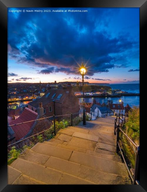 Night at the Whitby 199 Steps   Framed Print by Navin Mistry