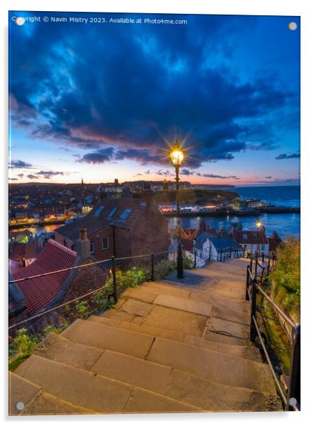 Night at the Whitby 199 Steps   Acrylic by Navin Mistry