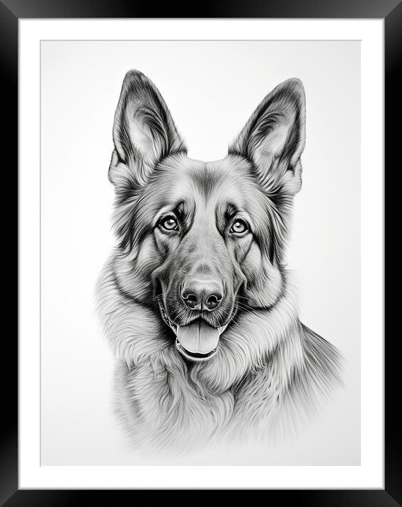 German Shepherd Dog Pencil Drawing Framed Mounted Print by K9 Art