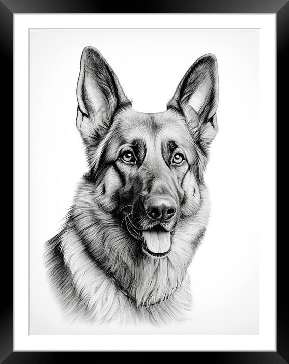 German Shepherd Dog Pencil Drawing Framed Mounted Print by K9 Art