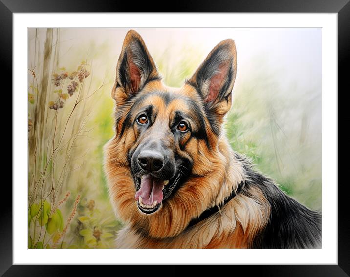 German Shepherd Dog Pencil Drawing Framed Mounted Print by K9 Art